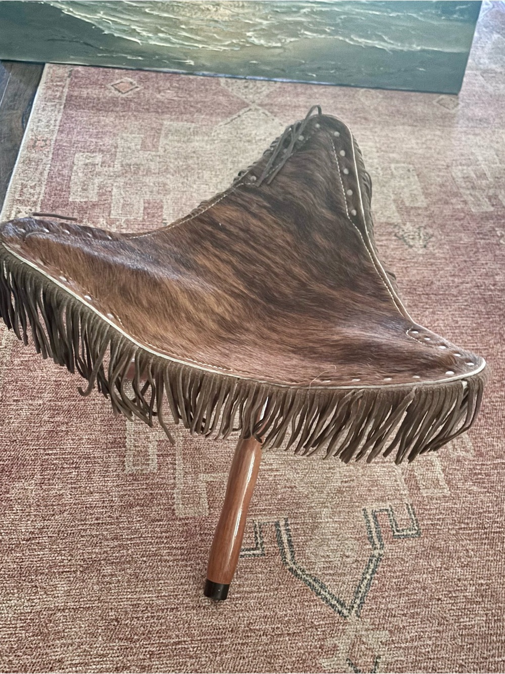 Fringed Brown Cowhide Accent Stool - Rustic Home Dining Seat